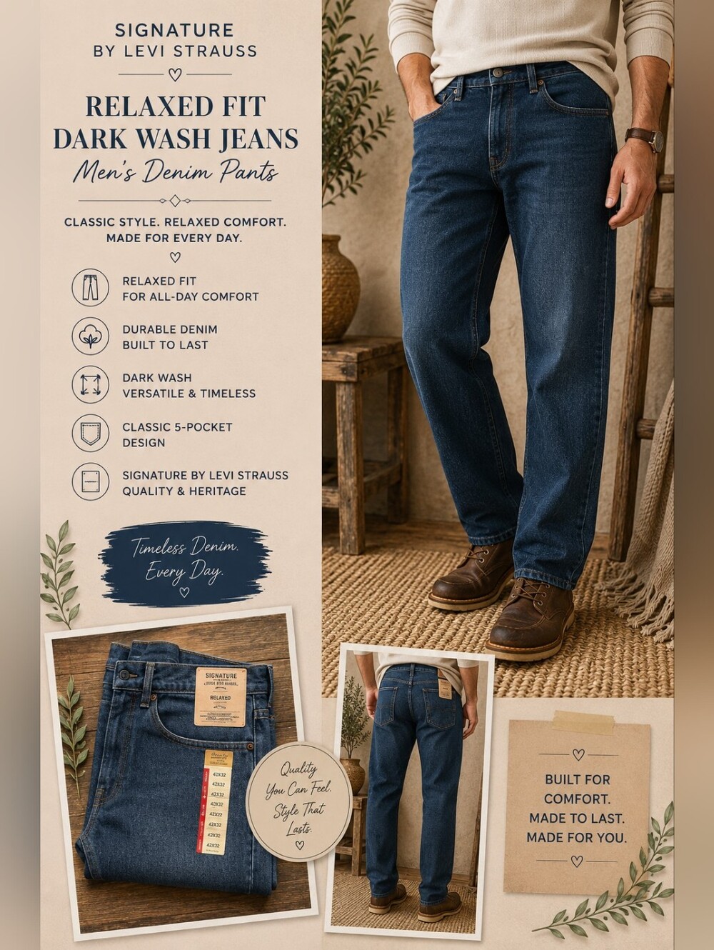 Signature Levi Strauss Relaxed Fit Dark Wash Jeans Men’s Denim Pants